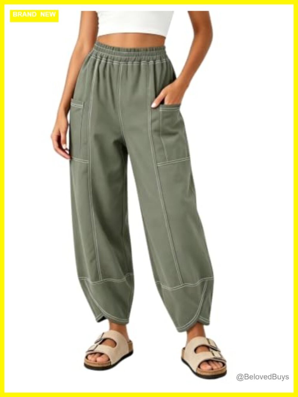 Wide Leg Cropped Sweatpants Elastic High Waist Pockets Cotton Blend